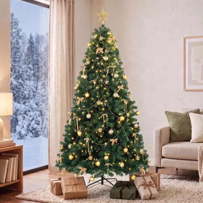 HOMCOM Árbol de Navidad Decorativo 180 cm con 240 LED 755 Ramas Ignífugas Estrella 30 Bolas 18 Lazos Decoración Dorado Verde