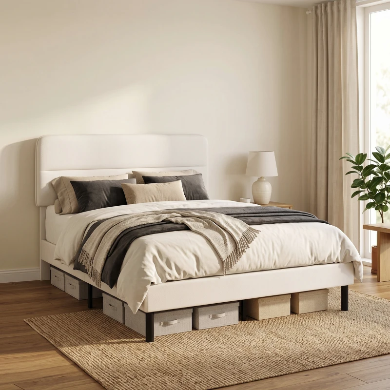 HOMCOM Estructura de cama 140 x 200 cm con cabecero ajustable, cama tapizada en tejido tipo lino con 12 listones de contrachapado, beige