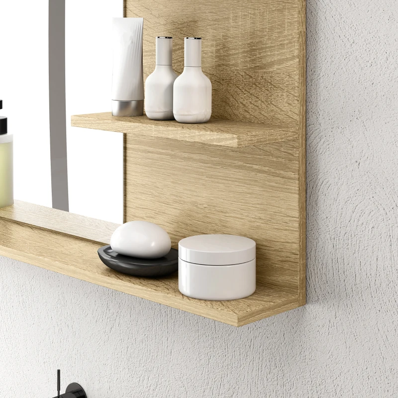 kleankin Espejo de Baño de Pared con 2 Estantes Laterales y Estante Inferior para Entrada Pasillo 75x10x48 cm Madera Natural