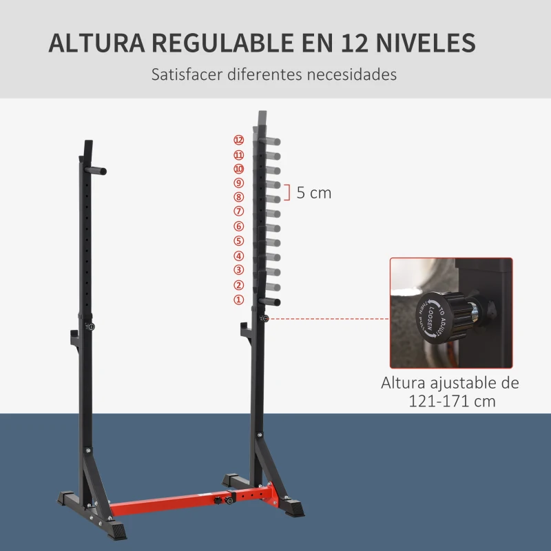 HOMCOM Soporte para Pesas Estante Soporte Barra Pesas Ajustable para Ejercicios Sentadillas en Hogar y Oficina Carga 150 kg de Acero Altura Regulable de 121-171 cm Negro y Rojo