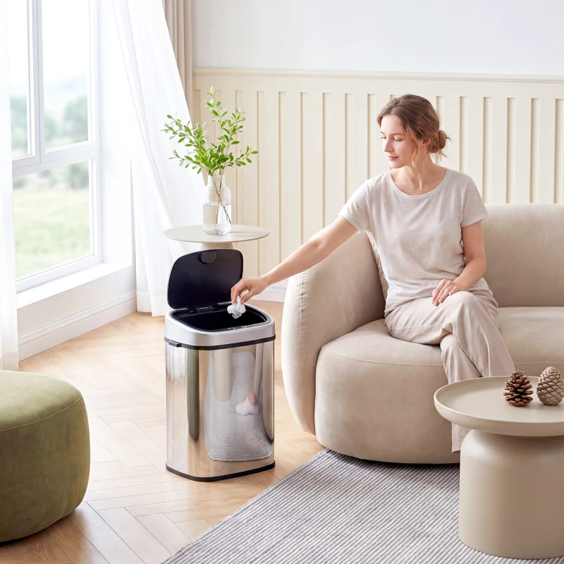 HOMCOM Poubelle de Cuisine Automatique 58L en Acier Inoxydable, Mouvement Sans Contact ou Ouverture Manuelle, Argent