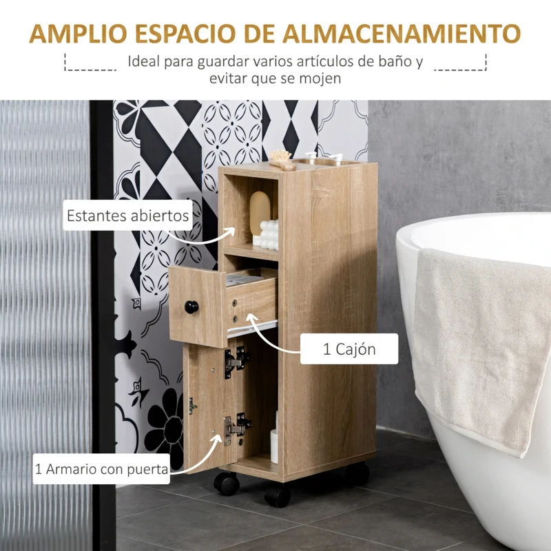 kleankin Armario de Baño con Ruedas Mueble Auxiliar para Baño con Estante Abierto Puerta y Cajón 18x30x68,5 cm Roble
