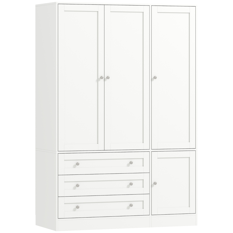 HOMCOM Kleiderschrank mit 4 Türen, 3 Schubladen, Kleiderstange und verstellbarem Regal, 120 x 50 x 176,5 cm, Weiß