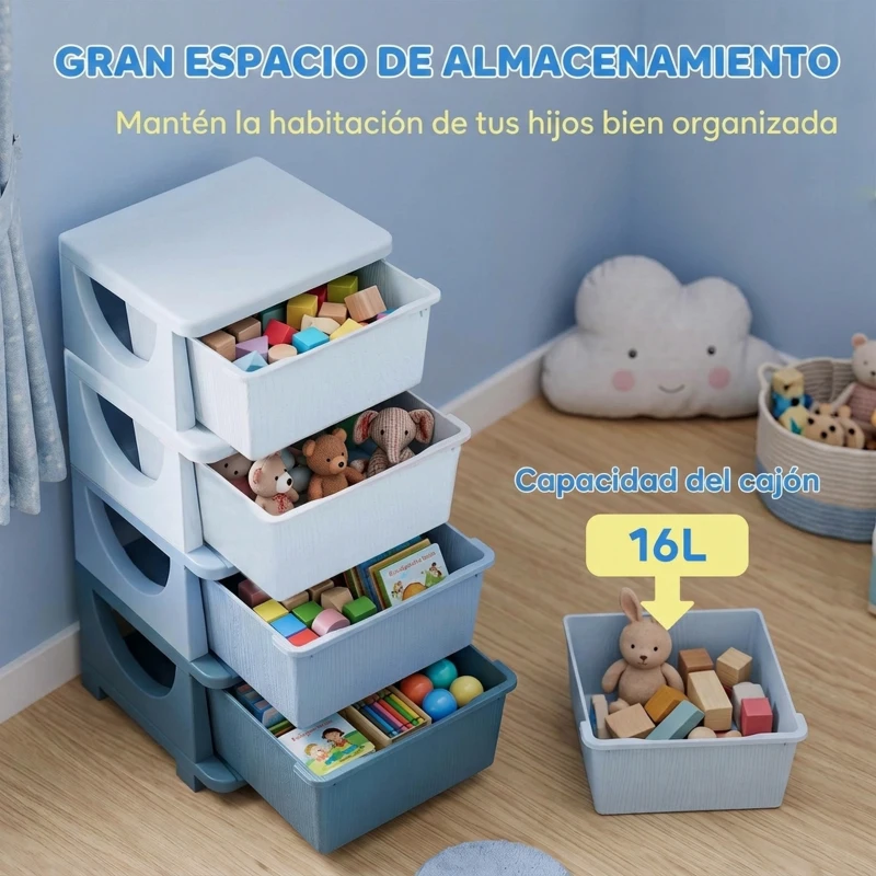 HOMCOM Torre de Almacenamiento Infantil con 4 Cajones para Niños de +3 Años con Bordes Redondeados y Asas 37x37x76 cm Azul