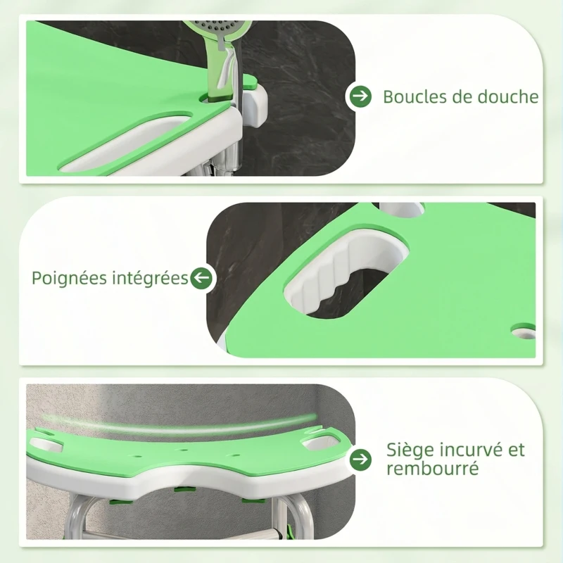 HOMCOM Tabouret de Douche, Hauteur Ajustable 39-51,5 cm, Barre d'Appui à Ventouse, Patins à Ventouse, Vert