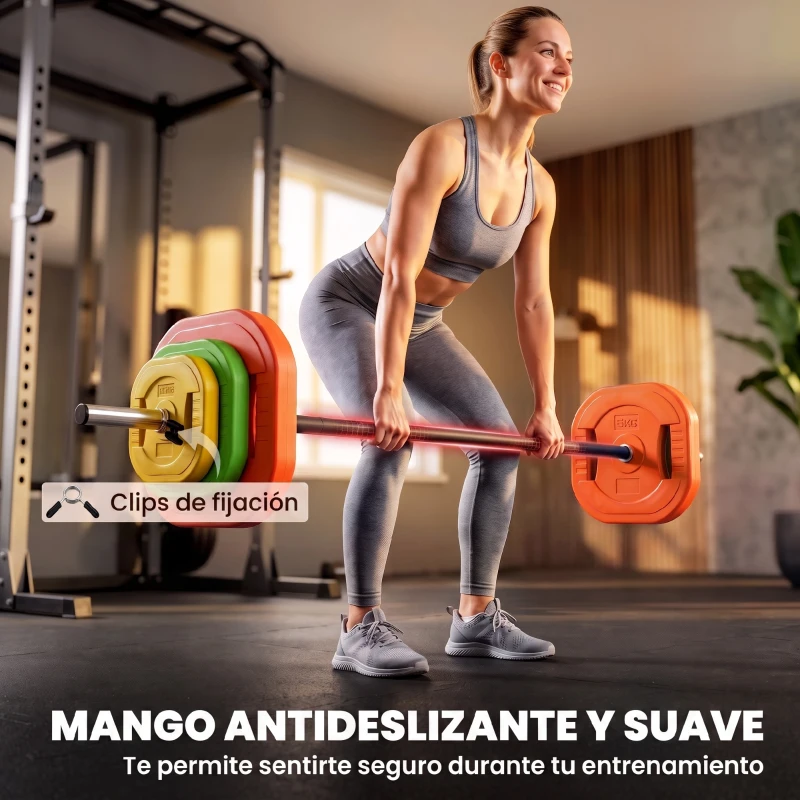 SPORTNOW Set de Pesas Ajustables con Barra de Acero de 140 cm 6 Discos de 5kg 2,5kg 1,5kg 2 Clips para Casa Gimnasio