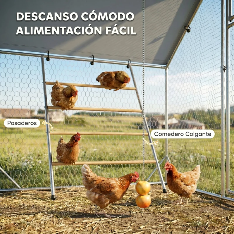 PawHut Gallinero Metálico de Exterior de 3x2m con Percha Multiusos Comedero Colgante Tipo Brocheta y Lona Protectora Resistente