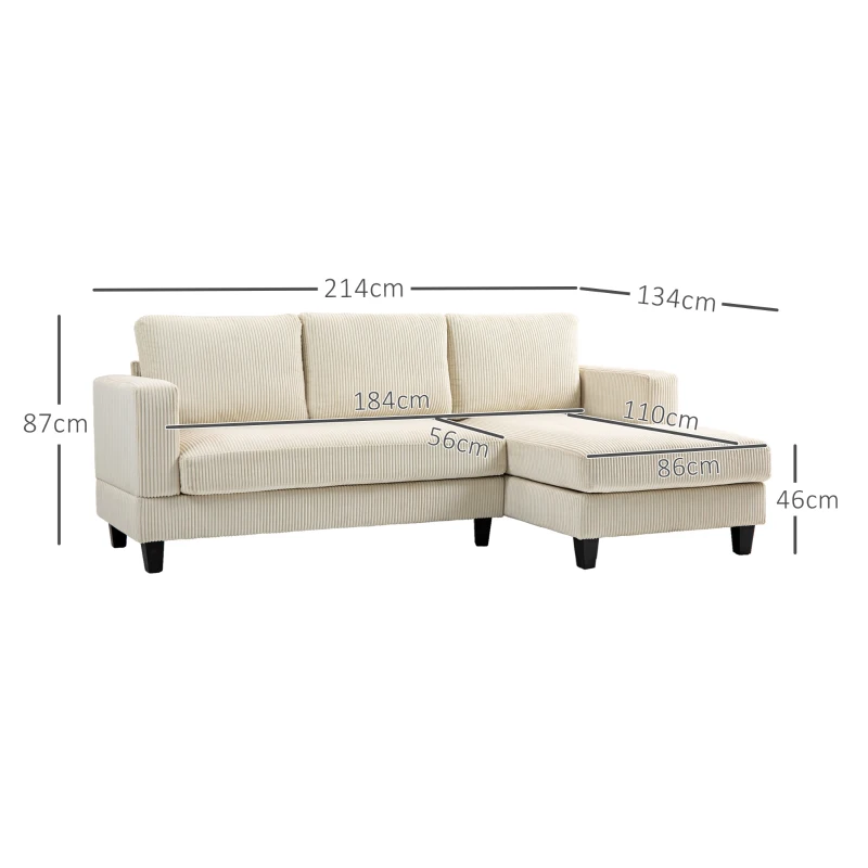 HOMCOM Sofá Chaise Longue de 3 Plazas en Forma de L Tapizado en Pana Asiento y Respaldo Acolchados 214x134x87 cm Beige
