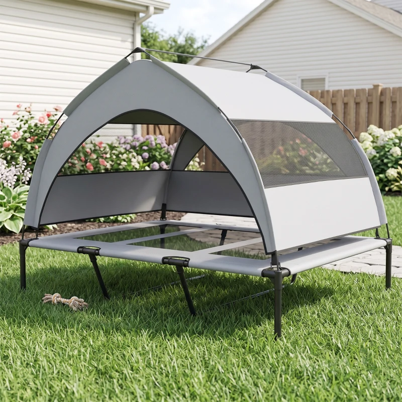 PawHut Lit pour Chien Surélevé Tente pour Chien avec Auvent Tente 3 Côtés Respirant Textilène Sac 122x92x94cm Gris Clair
