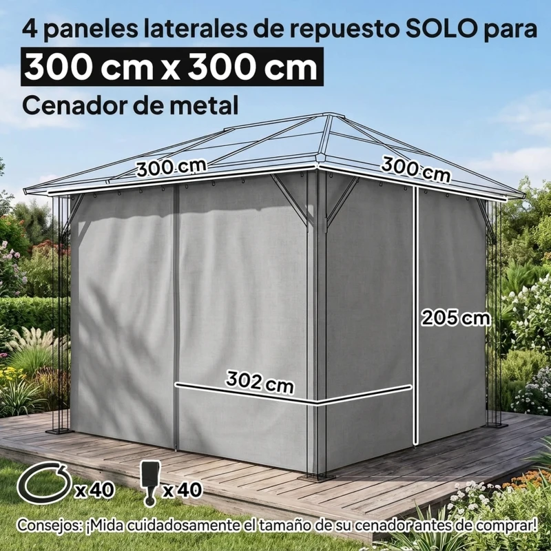 Outsunny 4 Paredes Laterales para Cenador 302x205 cm con 40 Ganchos y Anillos en C para Pérgola Gazebo Gris Claro