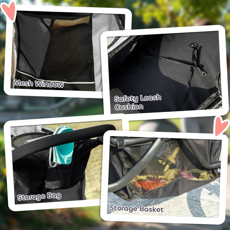 PawHut Carrito para Perros y Gatos Plegable hasta 10 kg Cochecito para Perros Pequeños de 3 Ruedas Grandes de Goma Gris