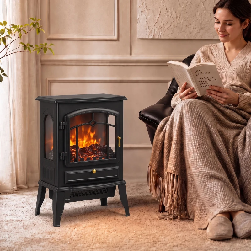 HOMCOM Chimenea Eléctrica 1000/2000 W con Efecto Llama 3 Vistas Termostato y Brillo Regulable Negro
