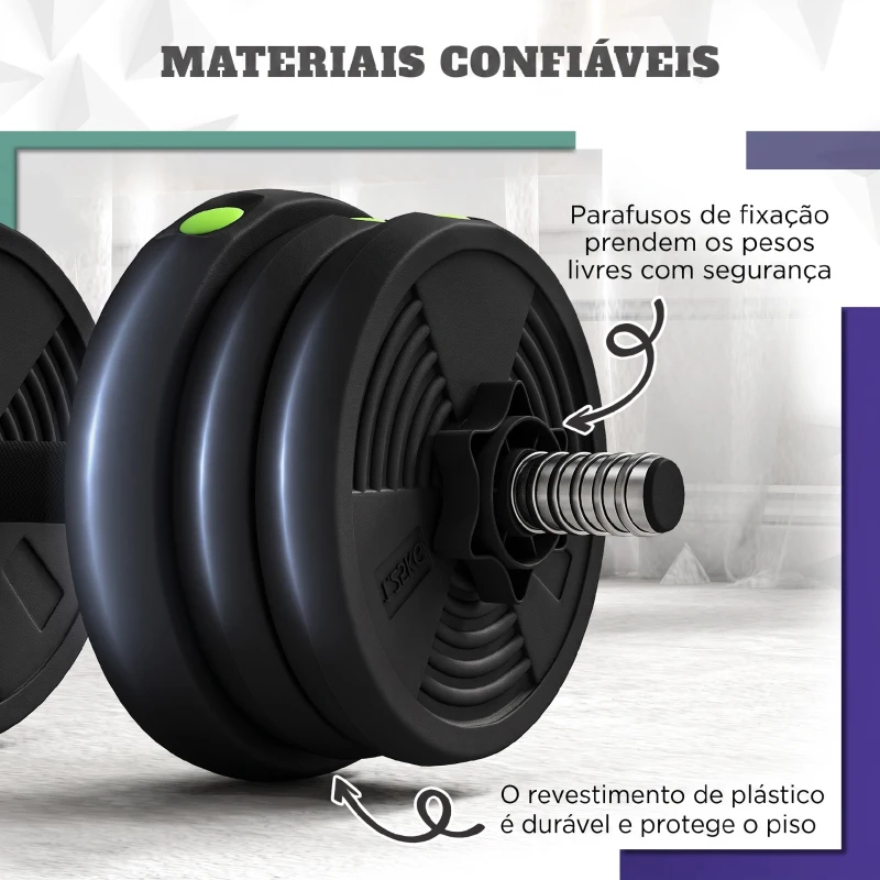 SPORTNOW Kit de Halteres 20kg 2 em 1 com Barra de Pesos Pega Antiderrapante para Treino de Força Preto Verde