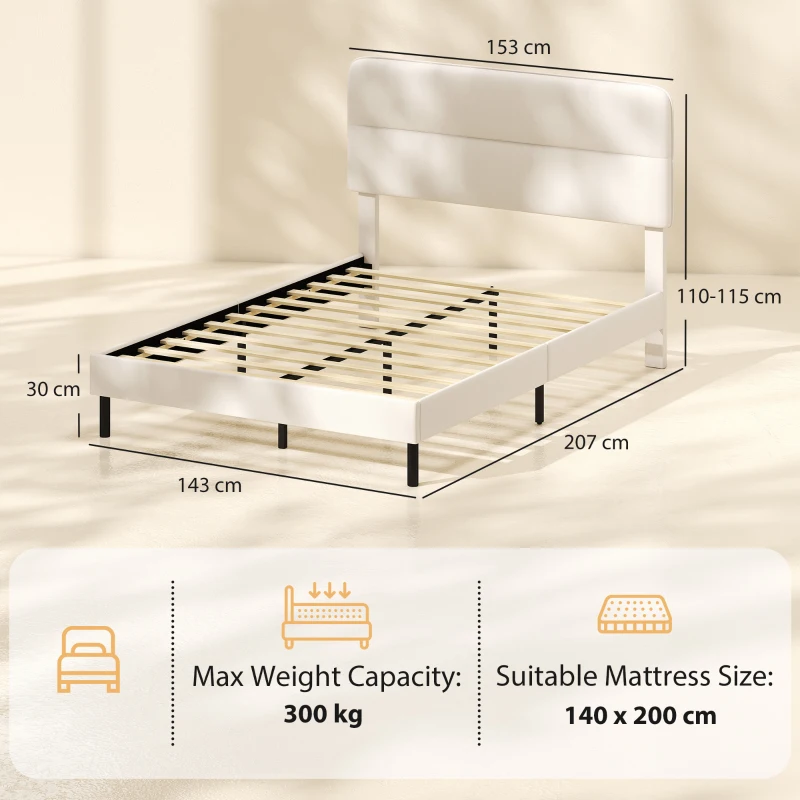 HOMCOM Cadru pat 140 x 200 cm cu tăblie reglabilă, pat tapițat cu aspect de in și 12 lamele din placaj, bej