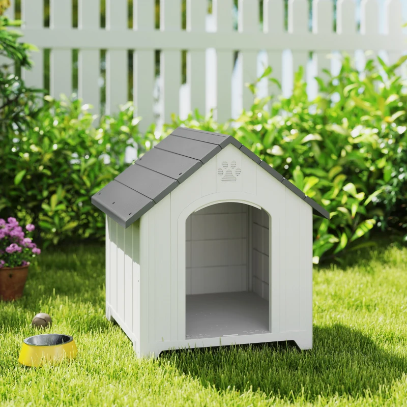 PawHut Niche pour chien extérieur, maison chien en polypropylène imperméable, ventilé, plancher surélevé, gris clair
