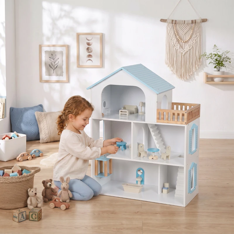 AIYAPLAY Casa de Muñecas de Madera de 3 Pisos con Ascensor y Balcón 5 Habitaciones y 13 Muebles para Niños de 3 a 6 Años Azul