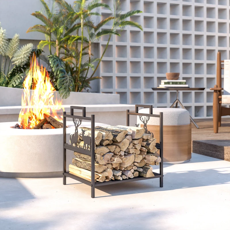 Outsunny Estante de Leña Metálico con Asas 42,5x33,5x43 cm Soporte de Madera para Chimenea para Jardín Terraza Negro