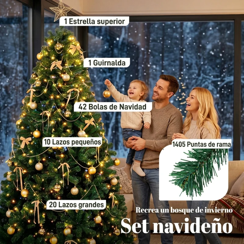 HOMCOM Árbol de Navidad Decorativo 230 cm con 296 LED 755 Ramas Ignífugas Estrella 42 Bolas 30 Lazos Decoración Dorado Verde