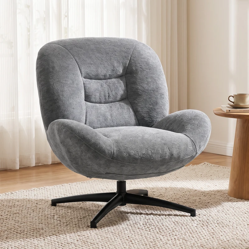 HOMCOM Fotoliu living rotativ, fotoliu lounge cu șezut lat, cotieră integrată, aspect chenille, Gri închis
