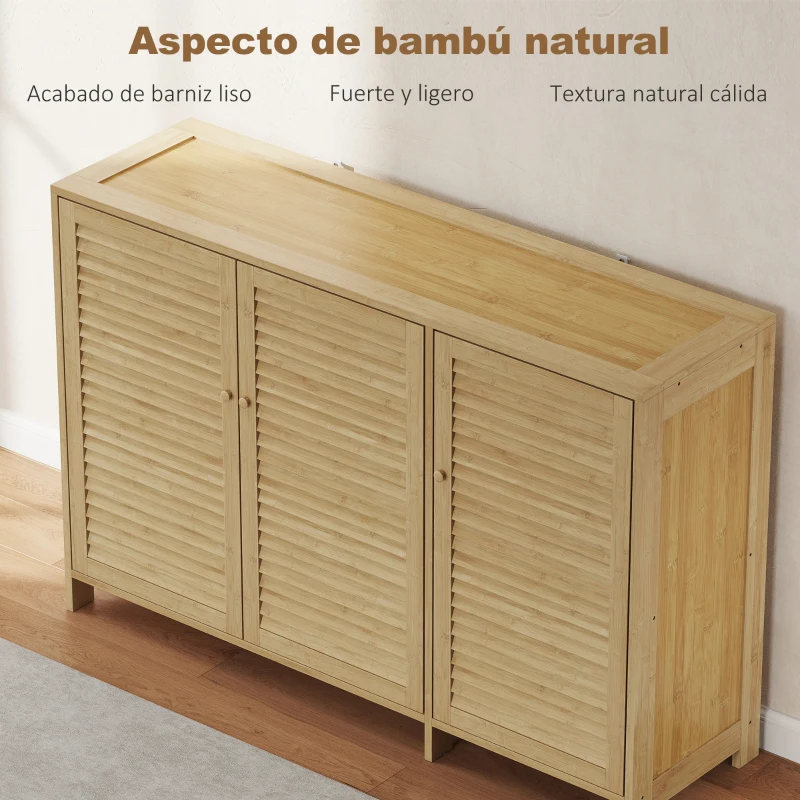 HOMCOM Zapatero de Bambú para 18 Pares con Puertas de Lamas y Estantes Ajustables Madera Natural