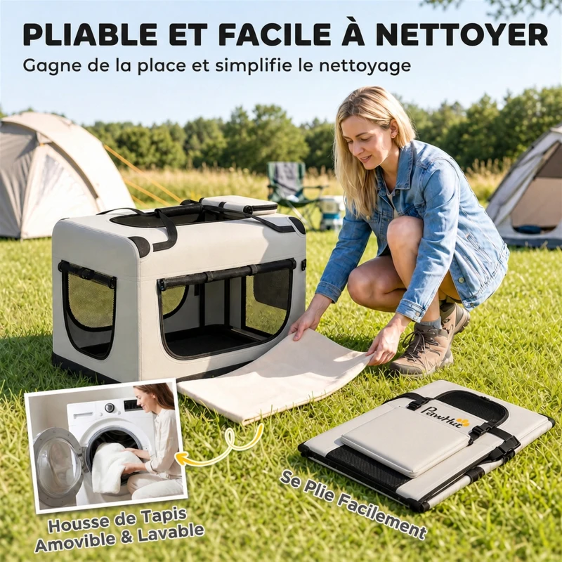 PawHut Sac de transport pour chien souple avec sangle de sécurité, coussin lavable et gamelle pliable, gris clair