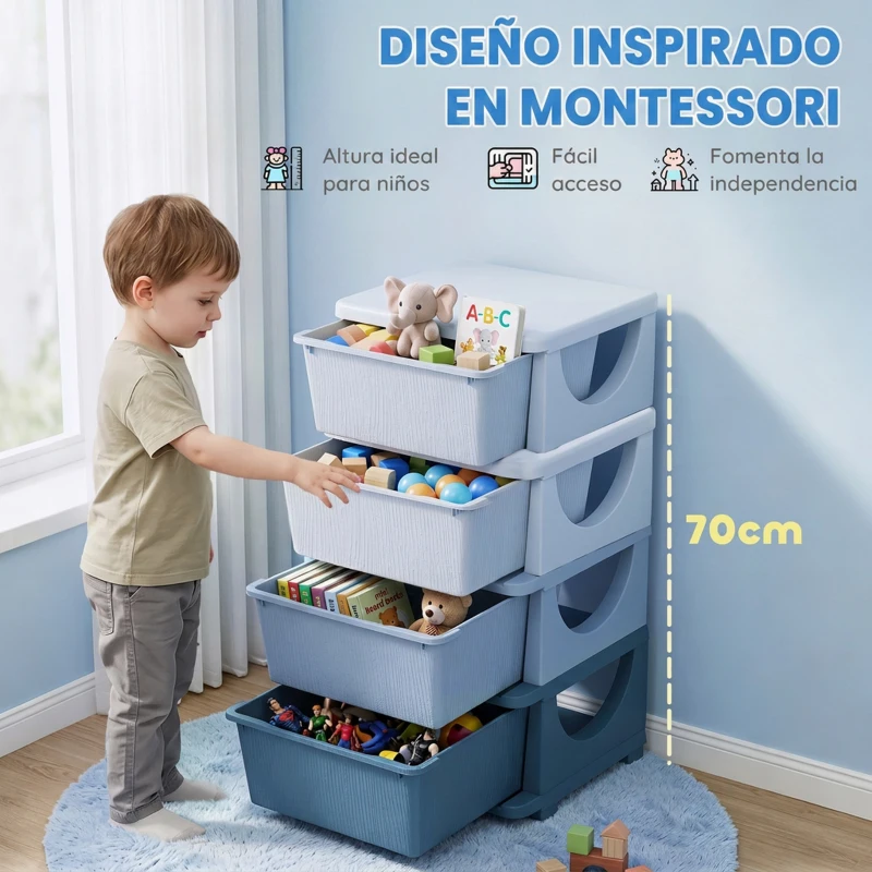 HOMCOM Torre de Almacenamiento Infantil con 4 Cajones para Niños de +3 Años con Bordes Redondeados y Asas 37x37x76 cm Azul