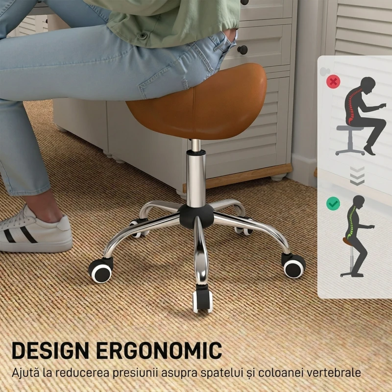 HOMCOM Scaun de Lucru Tip Șa cu Roți și Înălțime Reglabilă pentru Saloane de Coafură și Studiouri de Tatuaje, 52x53x49-61 cm, Maro