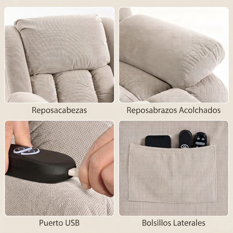HOMCOM Sillón Relax Reclinable Eléctrico Levanta Personas Masaje Vibratorio y Calor Asiento Ancho Puerto USB Bolsillos Beige