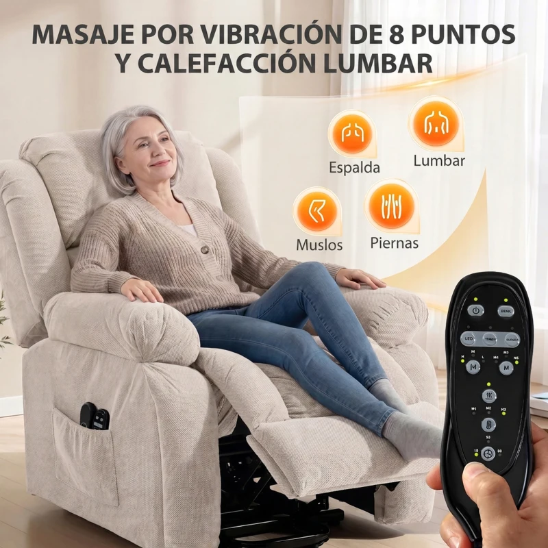 HOMCOM Sillón Relax Reclinable Eléctrico Levanta Personas Masaje Vibratorio y Calor Asiento Ancho Puerto USB Bolsillos Beige