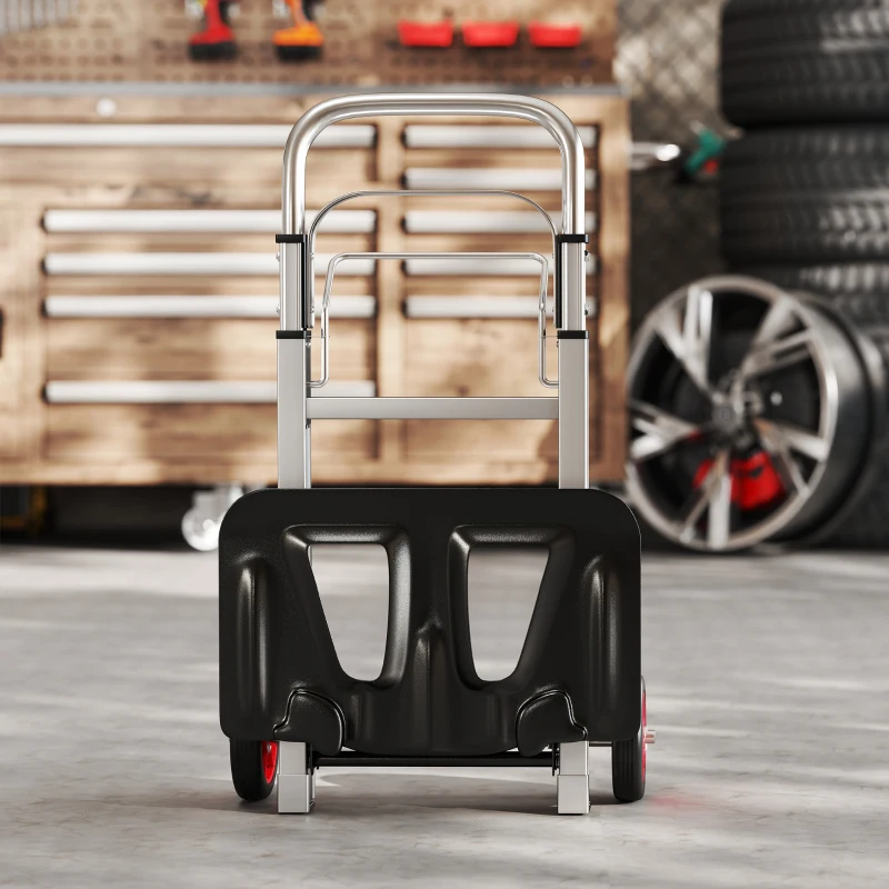 HOMCOM Carretilla de Mano Plegable de Aluminio Carga 90 kg con Ruedas Mango Telescópico Ajustable 40x41x108 cm Plata y Negro