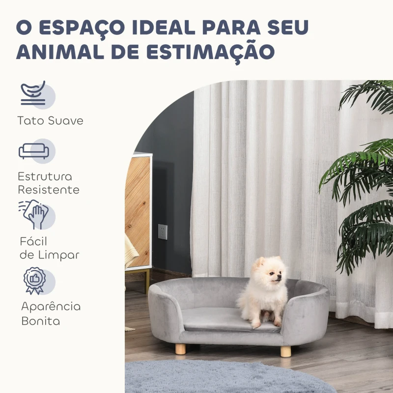 PawHut Sofá para Cães Pequenos com Pés de Madeira Almofada Removível e Capa Lavável  86x55x33 cm Cinzento Claro
