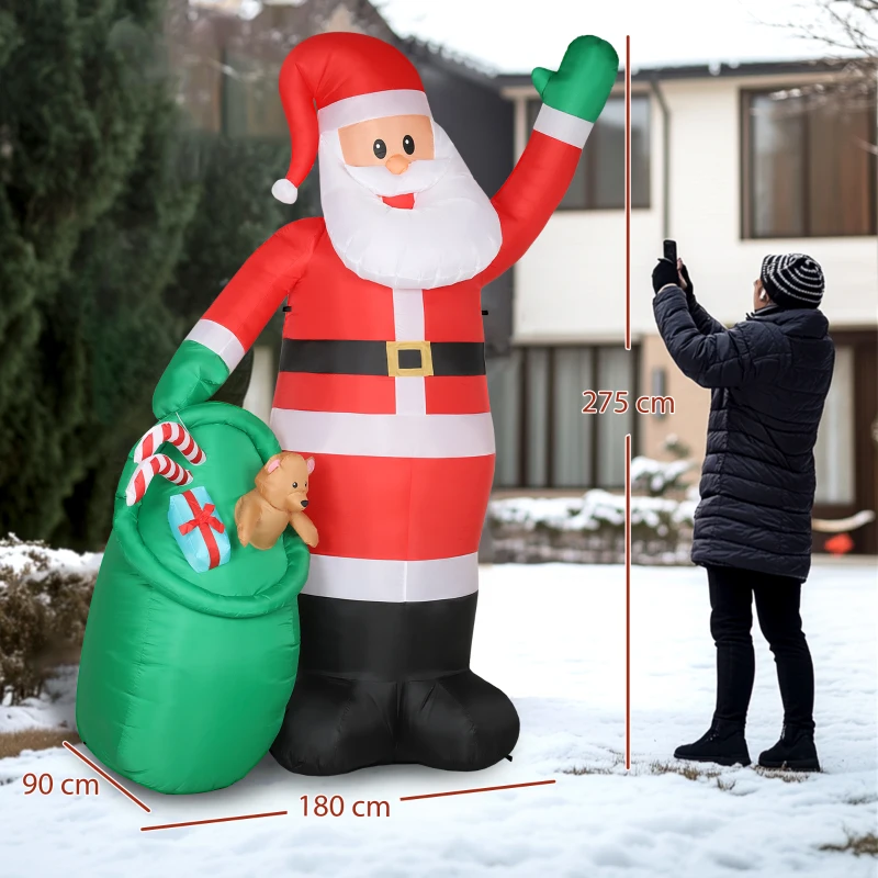 Outsunny Papá Noel inflable, 275 cm, con saco y oso, decoración navideña con luces LED integradas