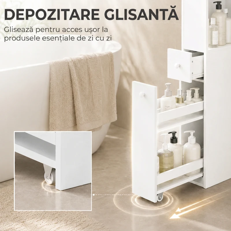 HOMCOM Dulap Baie Slim cu Organizator Glisant pe Roți, Sertar și Raft Reglabil, MDF, 18 x 40 x 135 Cm, Alb