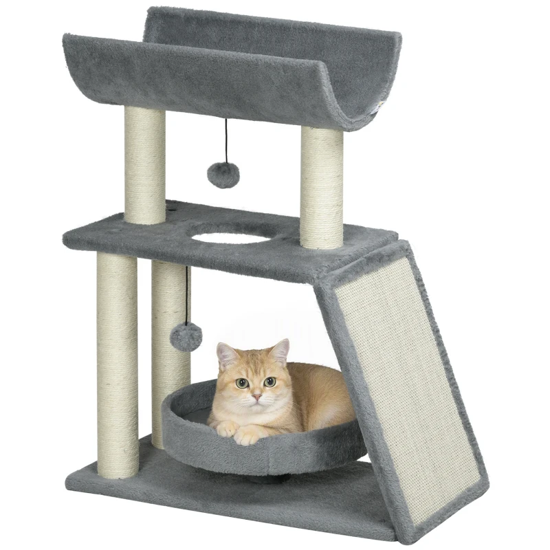 PawHut Kratzbaum Katzenbaum, inkl. Spielzeug und Katzenbett, 60 cm x 30 cm x 76 cm, Hellgrau