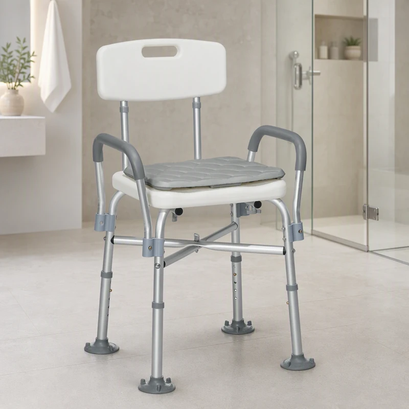 HOMCOM Tabouret de Douche Réglable en Hauteur à 5 Niveaux, Chaise de Douche, Accoudoirs Rembourrés et Coussin Amovible, Gris