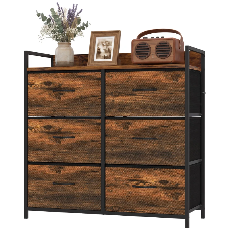 HOMCOM Rustic Chest of Six Fabric Drawers - Rustic Brown