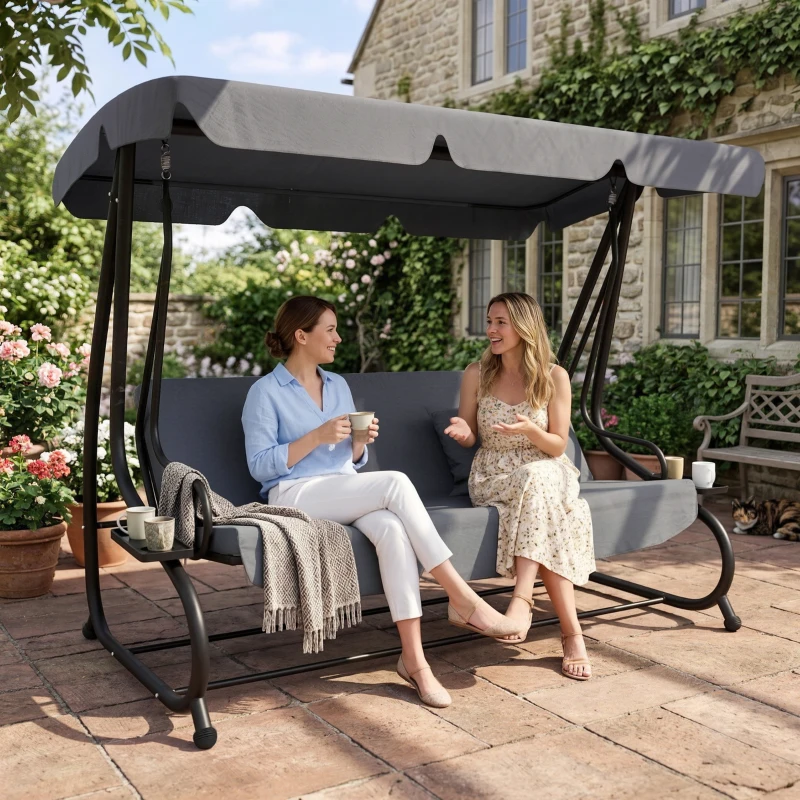 Outsunny Balancelle de jardin 3 places convertible toit inclinaison réglable 2 tablettes 2 x 1,2 x 1,64 m acier gris foncé