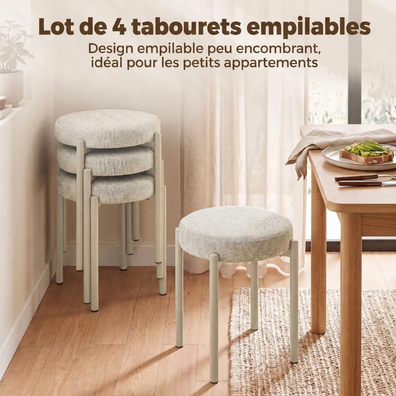 HOMCOM Lot de 4 Tabourets Empilables Ronds avec Assise Rembourrée, sans Dossier, Gain de Place, 45 x 45 x 47,5 cm, Crème