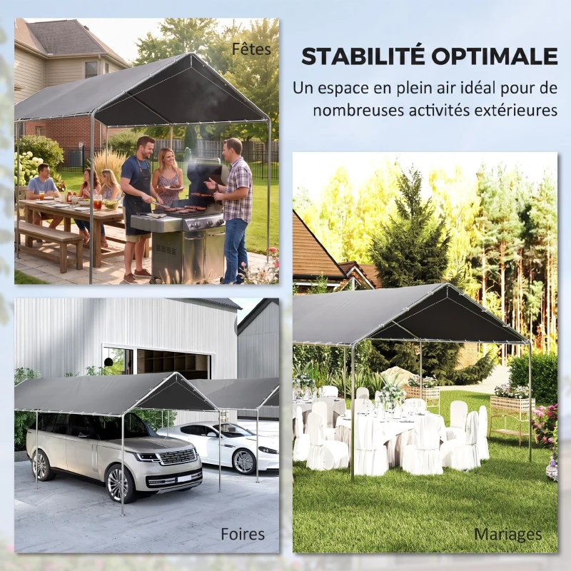 Outsunny Carport auvent pour voiture 595 x 294 cm acier galvanisé robuste toit PE haute densité gris
