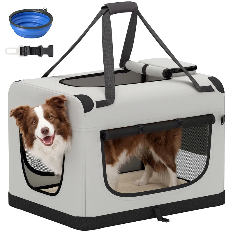 PawHut Transporttasche für Haustiere, weichw. Hundetragetasche mit Sicherheitsleine, Kissen und Napf, Hellgrau