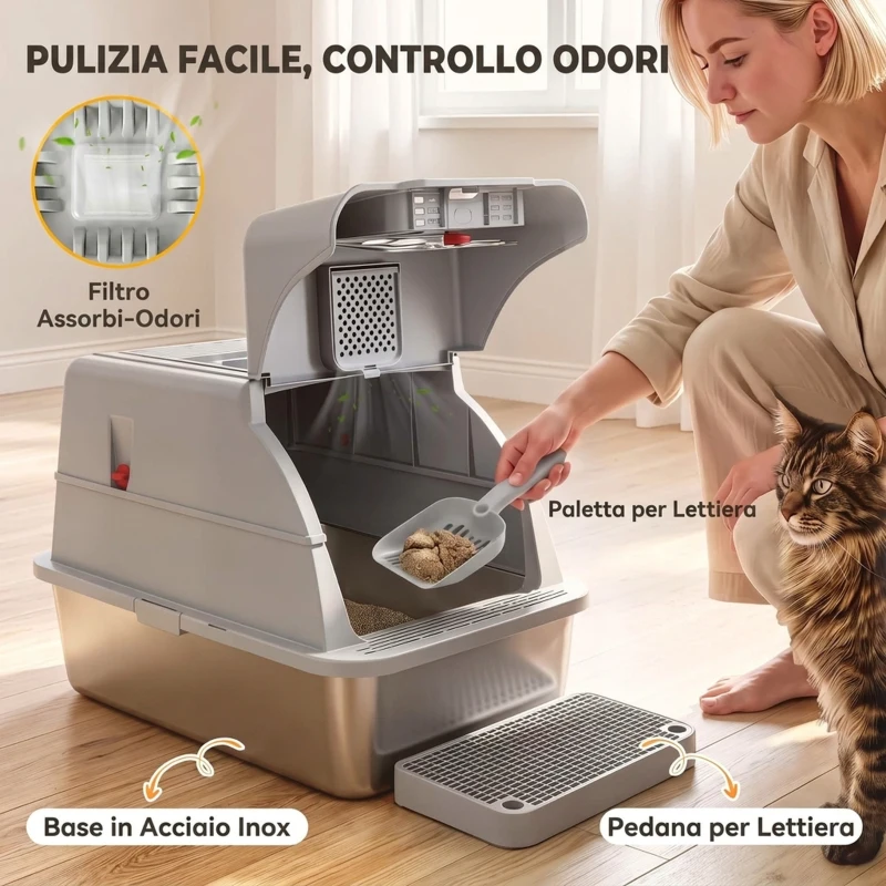 PawHut Lettiera Gatto Chiusa XL in Acciaio Inox con Coperchio, Gradino Raccogli-lettiera, Paletta, Grigio Chiaro