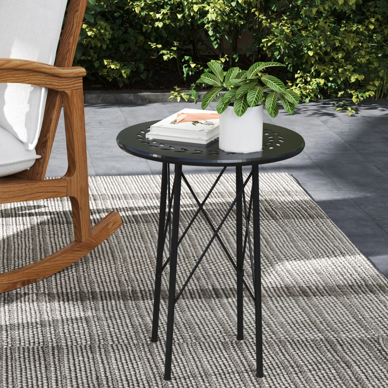 Outsunny Petite table d'appoint ronde, table de jardin, avec découpe en forme de fleur et feuilles, en acier, Ø 40 x 50 cm, noir