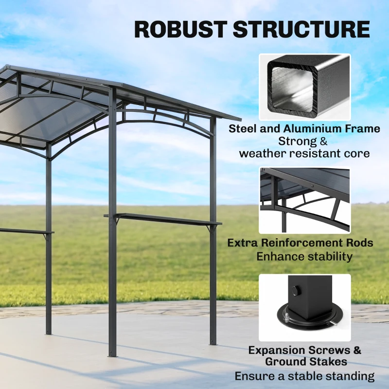 Outsunny 246 x 149cm Outdoor BBQ Protective Gazebo Tent Aluminium Steel Frame w/ 2 Shelves Hardtop Roof Canopy Ground Stakes Safe Cooking