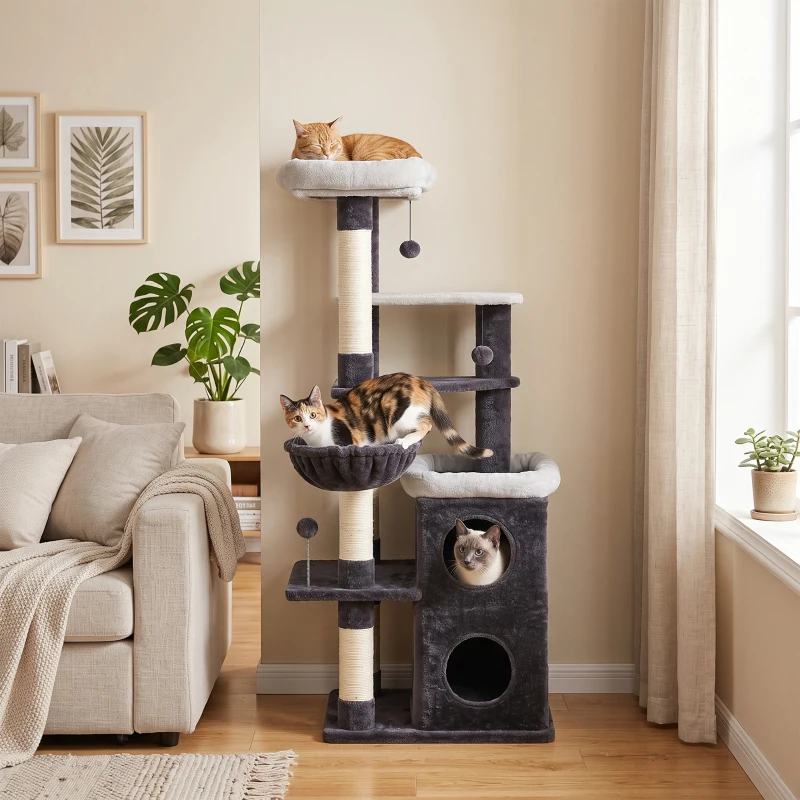 PawHut Arbre à Griffer pour Chats 148 cm avec Maisonnette 2 Niveaux 2 Couchages Hamac Poteaux en Sisal 3 Balles Gris Foncé