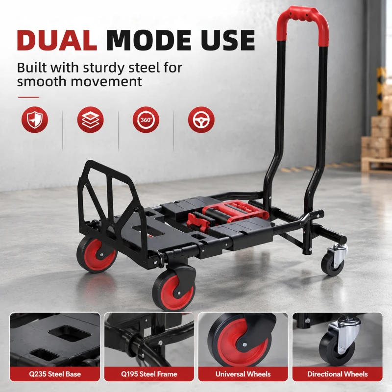 HOMCOM Diable et Chariot de Transport à Roulettes Pliable 2-en-1, Charge Max 120 kg, Base Rabattable, Acier, 83x44x78cm, Rouge
