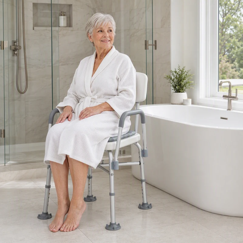HOMCOM Tabouret de Douche Réglable en Hauteur à 5 Niveaux, Chaise de Douche, Accoudoirs Rembourrés et Coussin Amovible, Gris