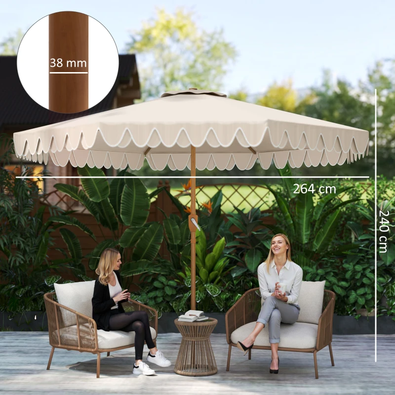 Outsunny Parasol inclinable rond Ø 264 cm avec volants tissu polyester haute densité anti-UV mât démontable 8 baleines - crème