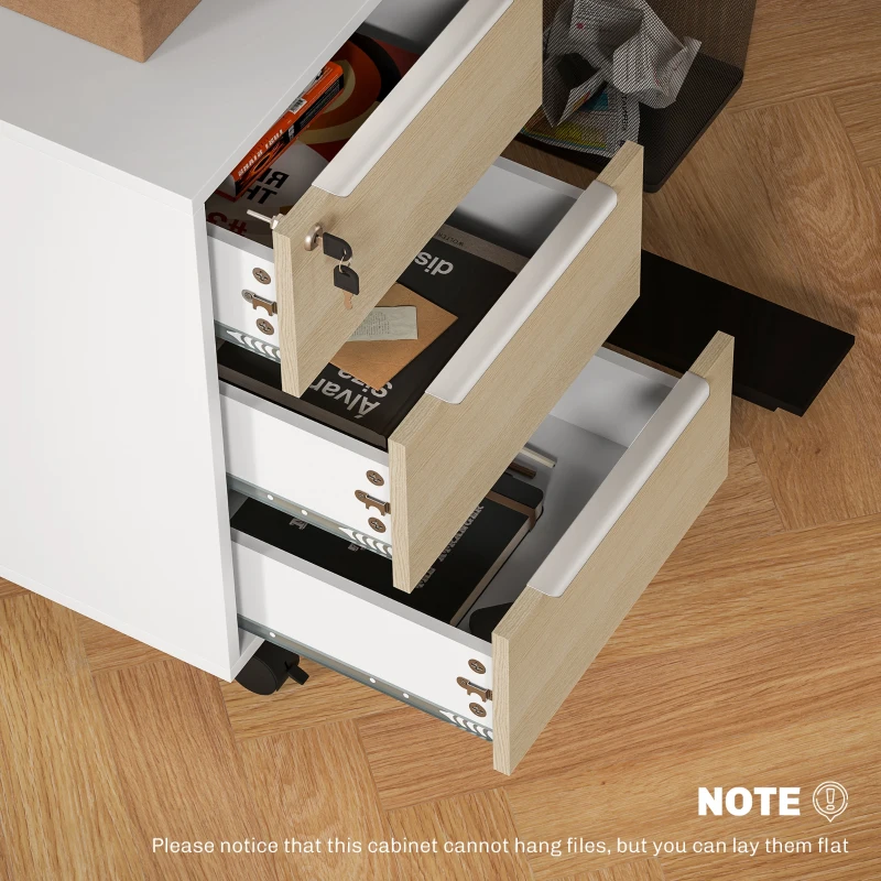 HOMCOM Caisson de bureau à roulettes avec 3 tiroirs et serrure, meuble rangement bureau sur roulettes, 40 x 40 x 63,5 cm, chêne