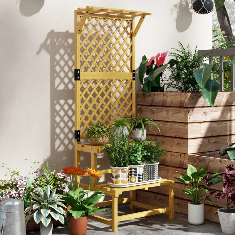 Outsunny Support plantes intérieur porte plante intérieure à deux niveaux avec treillis 60 x 50 x 166 cm en bois massif jaune