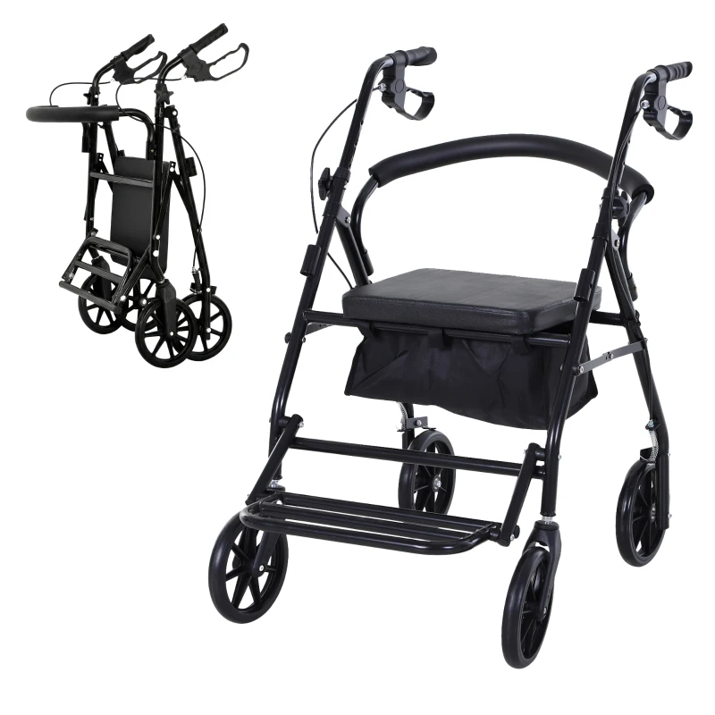 HOMCOM Cadru de mers pliabil pentru vârstnici cu șezut și 4 roți mâner ergonomic reglabil pe înălțime frâne cu levier coș negru